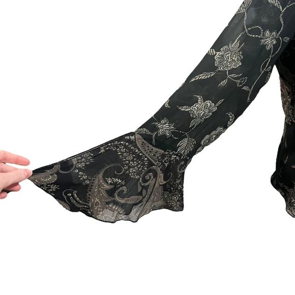 VTG 90s Spenser Jeremy Black & Brown Paisley Patchwork Silk Bell Sleeve Top 14/L - Picture 5 of 8